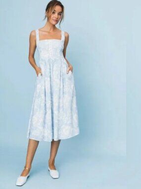 OPT Effie Linen Blend Floral Midi Dress Blue XS